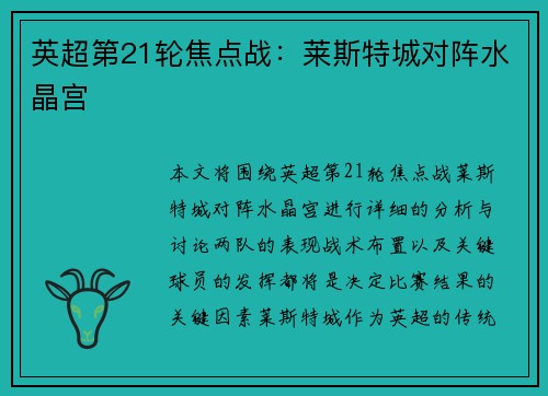 英超第21轮焦点战:莱斯特城对阵水晶宫 英超第21轮焦点战:莱斯特城对阵水晶宫